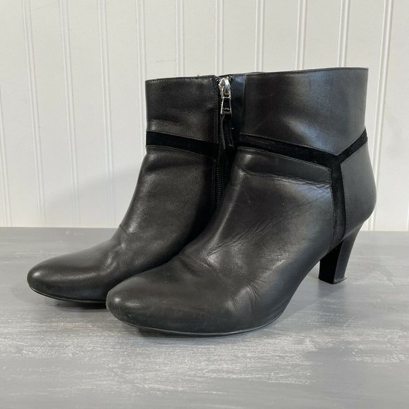 Lauren Ralph Lauren 7B‎ Sade Black Leather Ankle Boot Heels Suede Inset Side Zip - Picture 1 of 11
